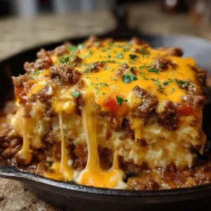 Hearty cattle drive casserole with beef, potatoes, and cheese, served warm