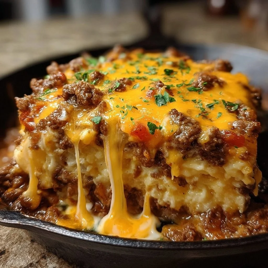 Hearty cattle drive casserole with beef, potatoes, and cheese, served warm