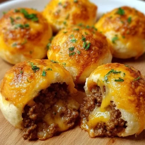 Cheesy Beef Biscuit Bombs Cheesy beef biscuit bombs freshly baked and served on a plate.