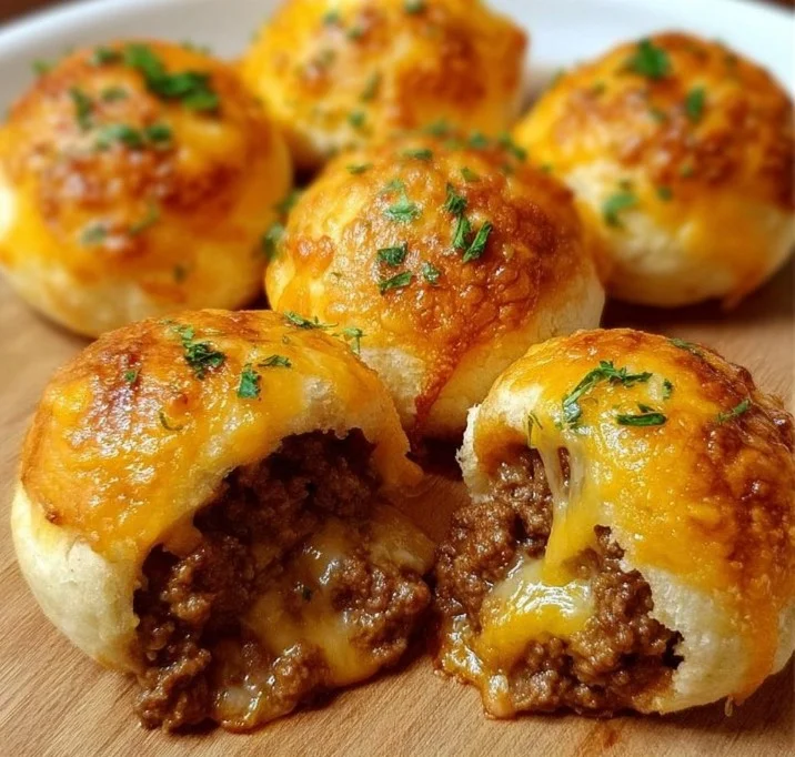 Cheesy beef biscuit bombs freshly baked and served on a plate.