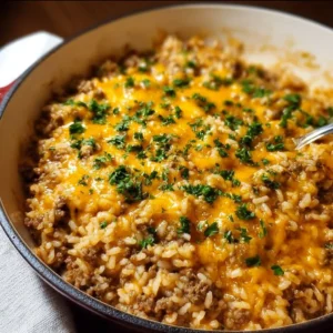 Cheesy ground beef and rice casserole served in a baking dish