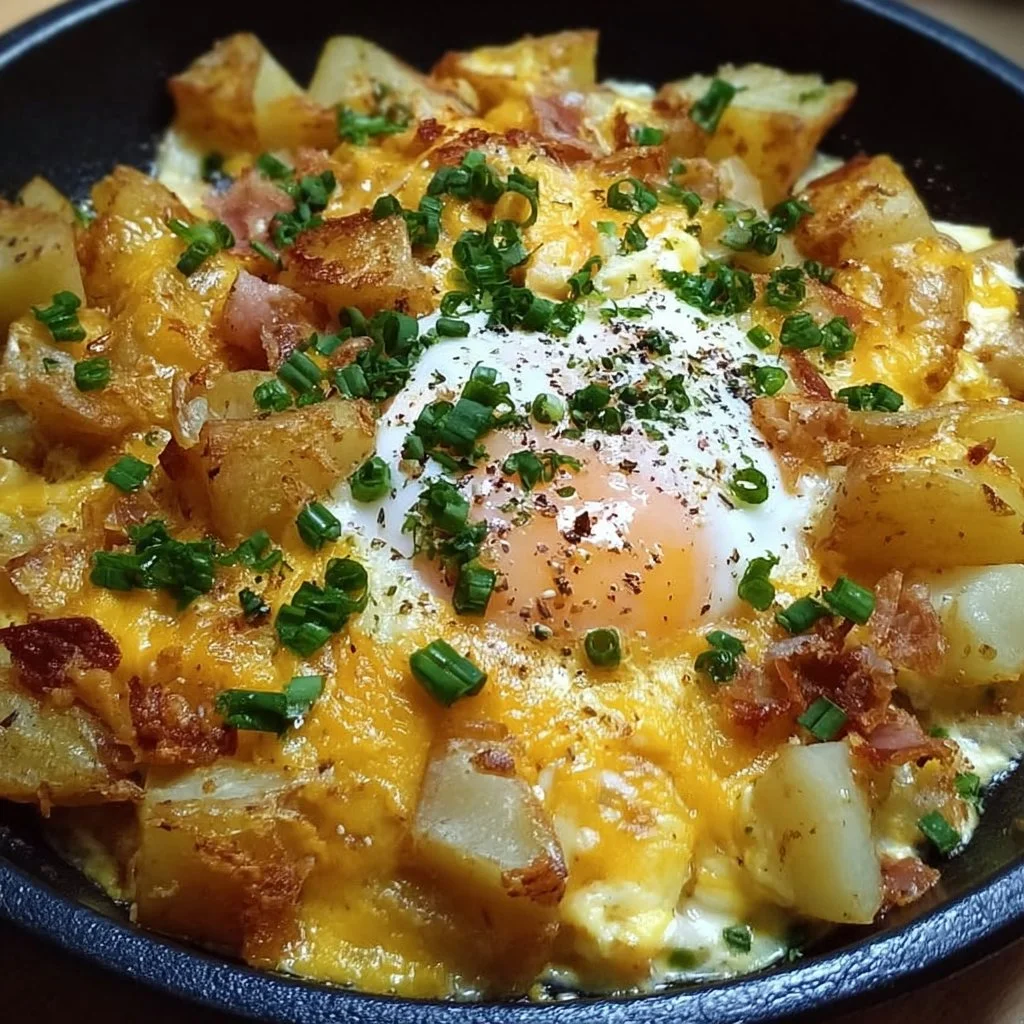 Delicious cheesy potato egg scramble served on a plate