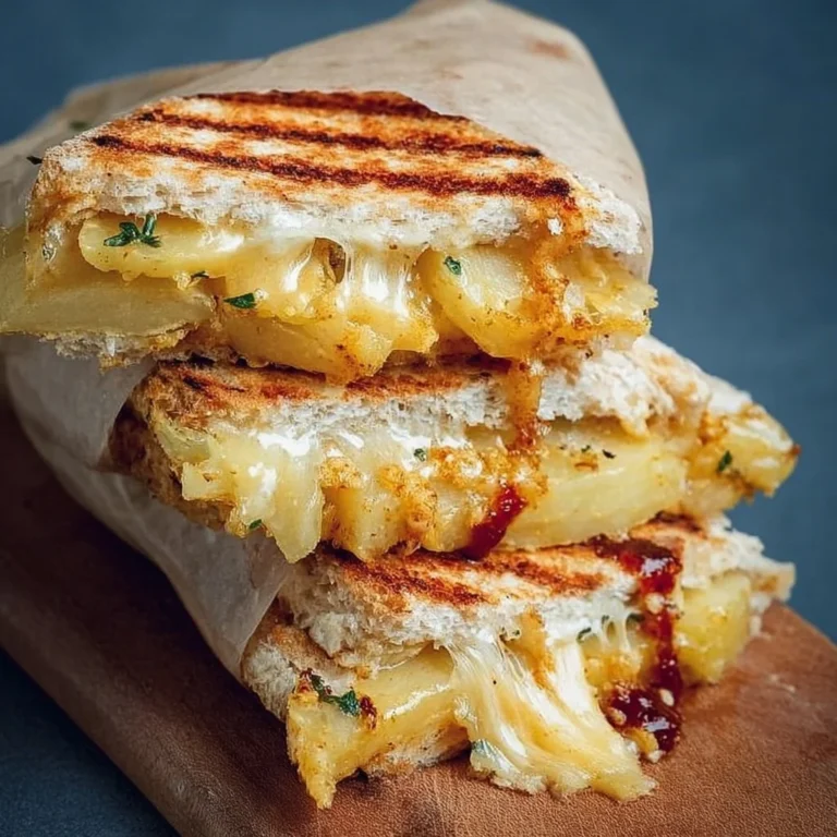 Cheesy potato toastie sandwich, crispy and melty, on a wooden table