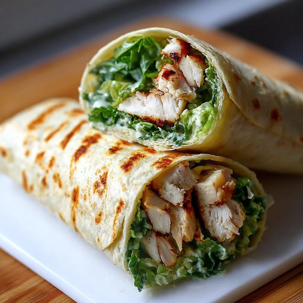 Delicious Chicken Caesar wrap with chicken, romaine lettuce, and Caesar dressing