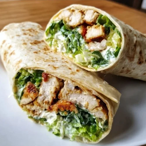 Delicious Chicken Caesar Wrap featuring chicken, romaine, and Caesar dressing in a tortilla.