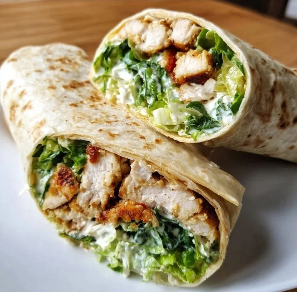 Delicious Chicken Caesar Wrap featuring chicken, romaine, and Caesar dressing in a tortilla.