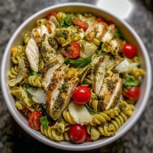 A bowl of chicken pesto pasta salad with fresh vegetables and herbs