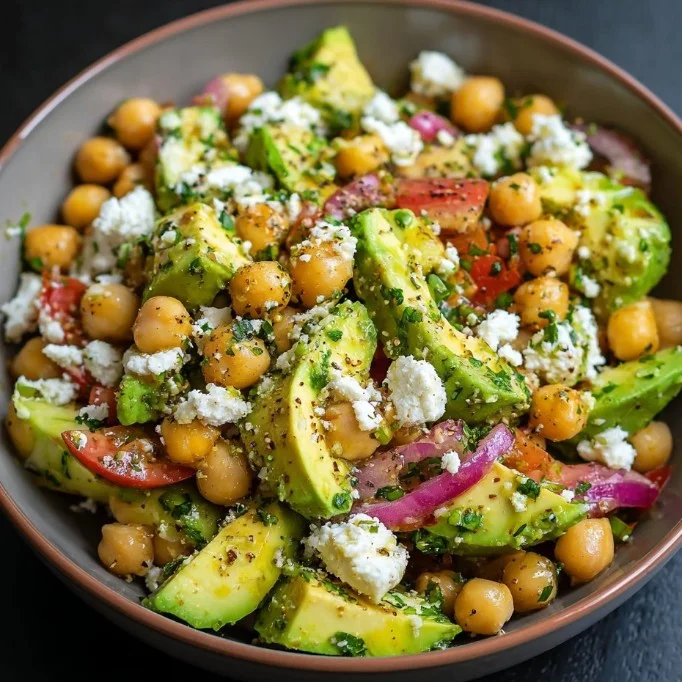 Chickpea Feta Avocado Salad with vibrant ingredients in a bowl.