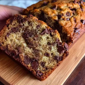 Loaf of chocolate chip banana bread with slices on a wooden cutting board.