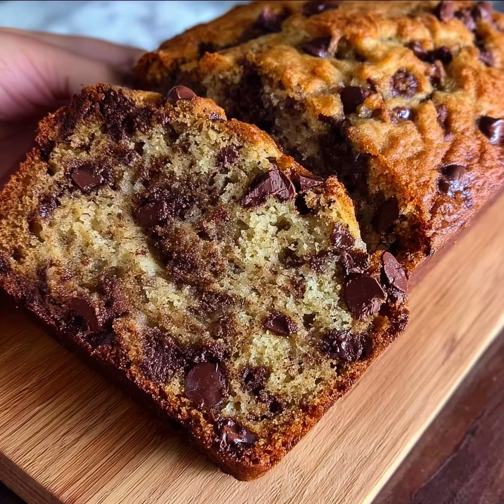 Loaf of chocolate chip banana bread with slices on a wooden cutting board.
