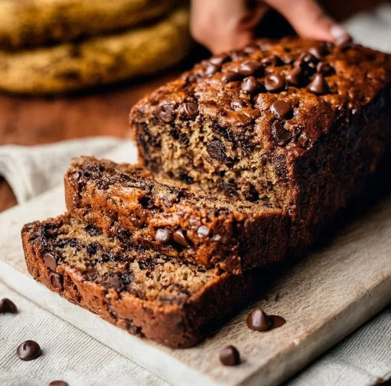 Freshly baked chocolate chip banana bread loaf with chocolate chunks