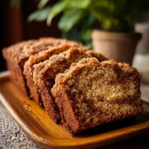 Sliced Cinnamon Crumb Banana Bread with a crumb topping on a wooden table