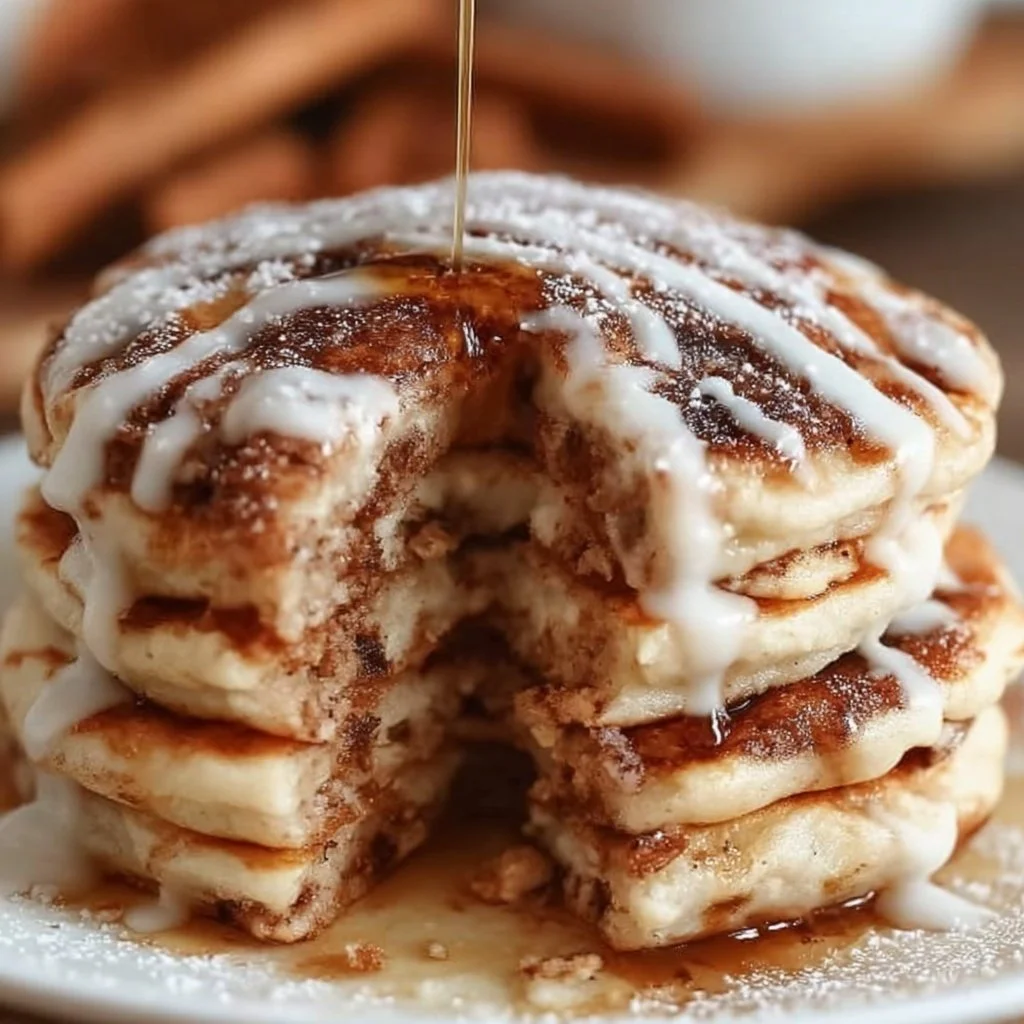Delicious cinnamon roll pancakes stacked on a plate, topped with icing