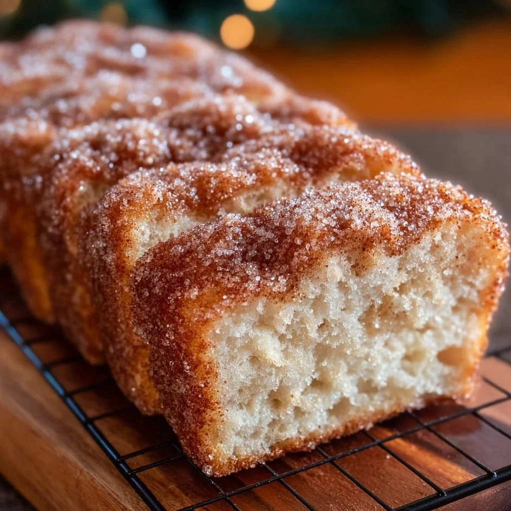 Sliced cinnamon sugar donut bread garnished with cinnamon and sugar for a delicious treat