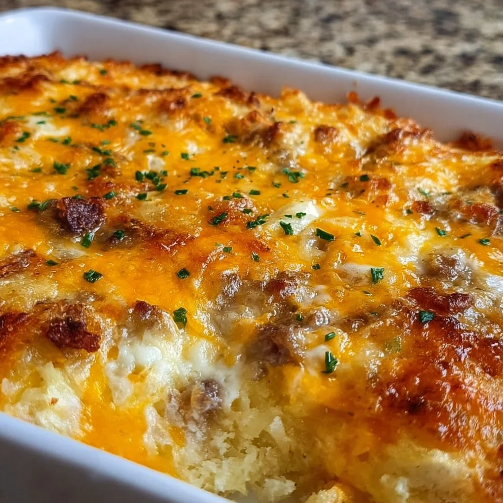 Home Classic Breakfast Hashbrown Casserole with eggs, cheese, and crispy potatoes