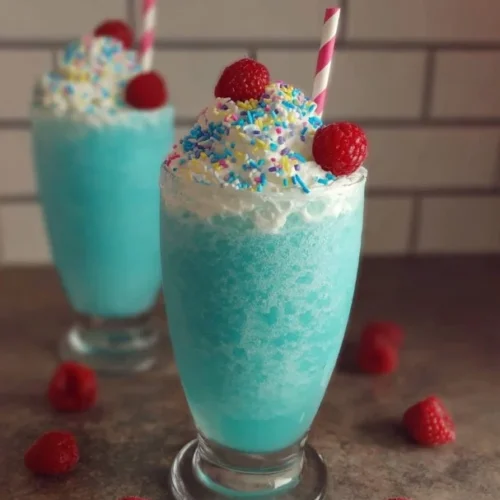 Refreshing Coconut Blue Raspberry Slushie in a glass with ice and garnish