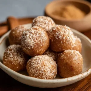 Homemade Coconut Cinnamon Bites on a rustic wooden table
