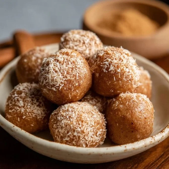 Homemade Coconut Cinnamon Bites on a rustic wooden table
