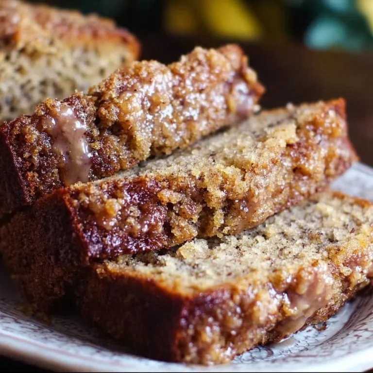 Sliced Coffee Cake Banana Bread with a crumb topping on a plate