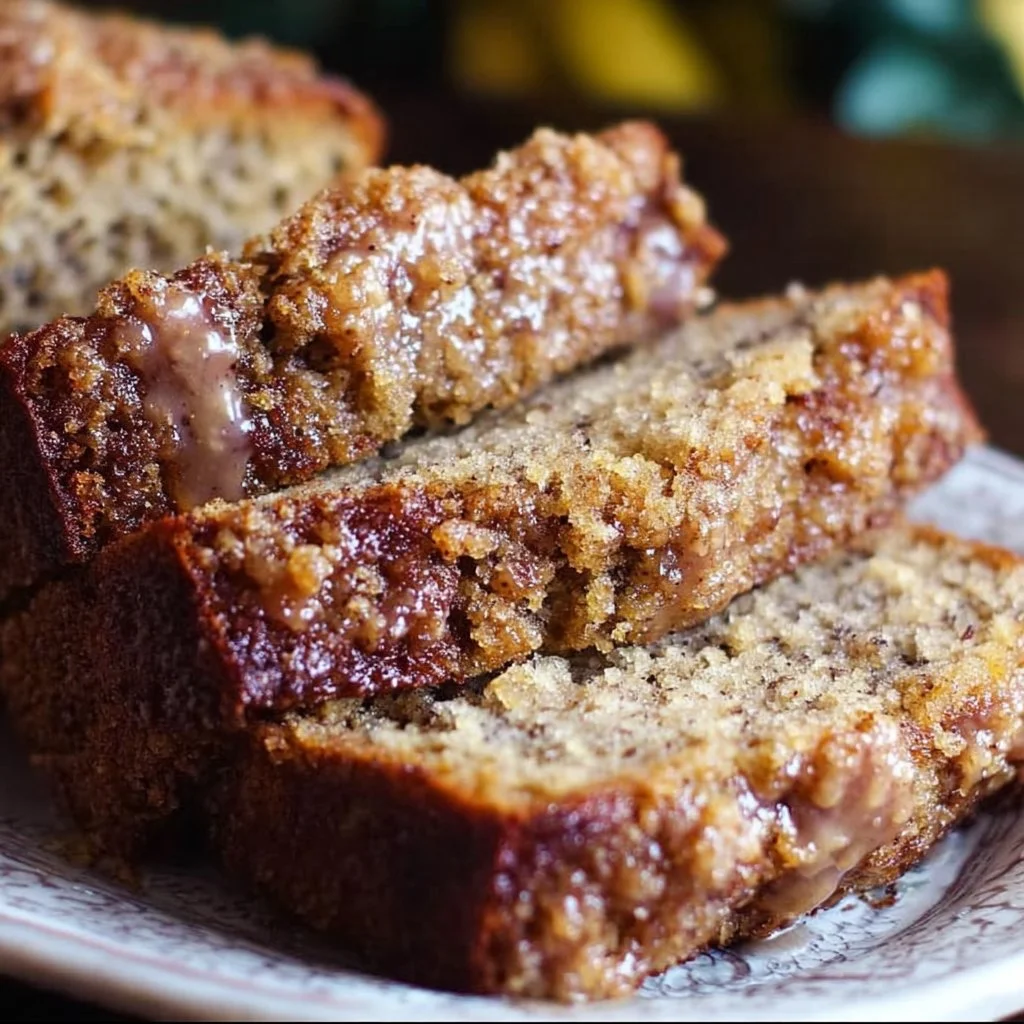Sliced Coffee Cake Banana Bread with a crumb topping on a plate