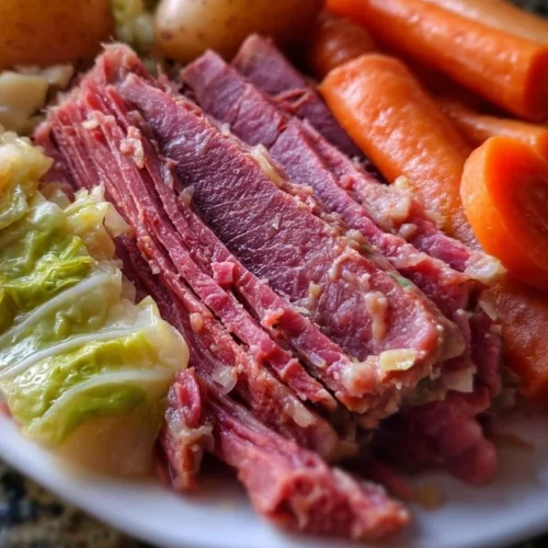 Delicious corned beef and cabbage dinner served on a plate with vegetables