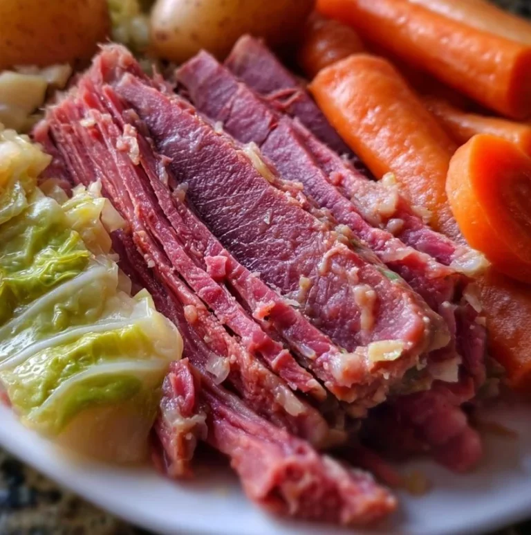 Delicious corned beef and cabbage dinner served on a plate with vegetables