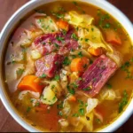 Bowl of Corned Beef and Cabbage Soup garnished with herbs and spices.