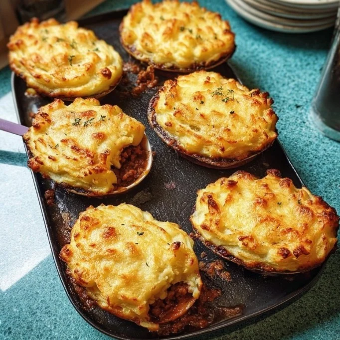 Delicious cottage pies in coats served hot with golden crusts.