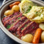 Slow cooker corned beef and cabbage in a bowl with vegetables