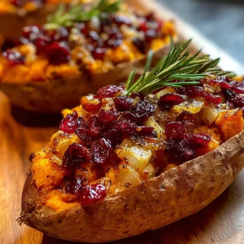 Cranberry Apple Twice-Baked Sweet Potatoes Cranberry apple twice-baked sweet potatoes garnished with herbs