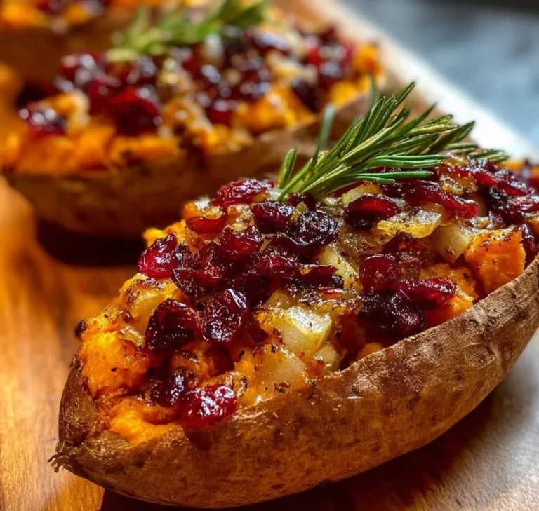 Cranberry apple twice-baked sweet potatoes garnished with herbs