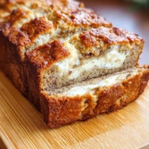 Cream Cheese-Filled Banana Bread on a wooden table with slices cut