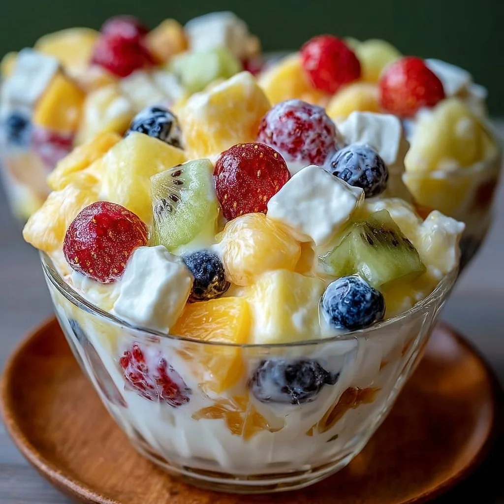 Creamy fruit salad with fresh assorted fruits in a bowl