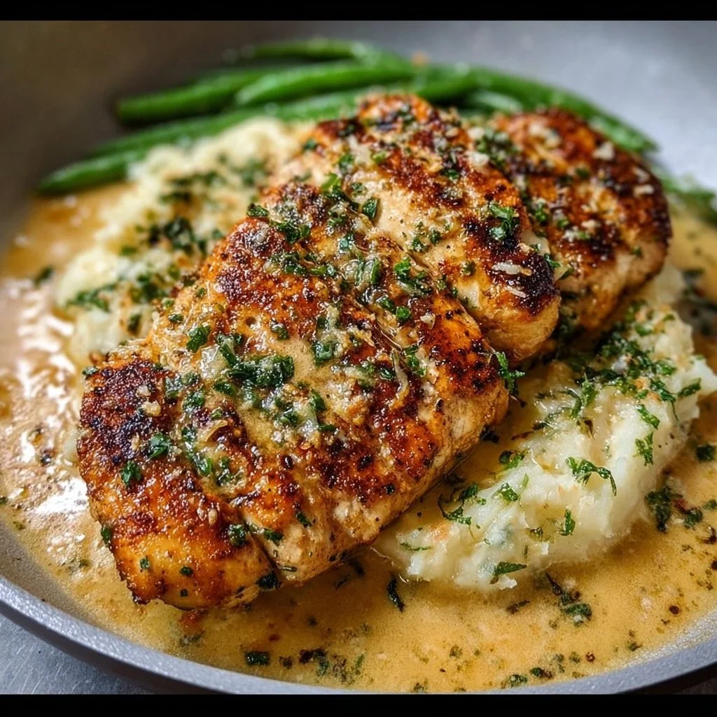 Creamy garlic parmesan chicken breast on a plate garnished with herbs