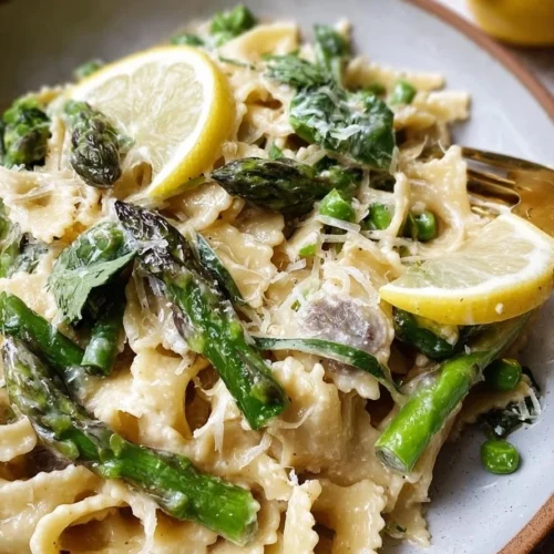 Creamy lemon asparagus pasta with fresh ingredients in a bowl