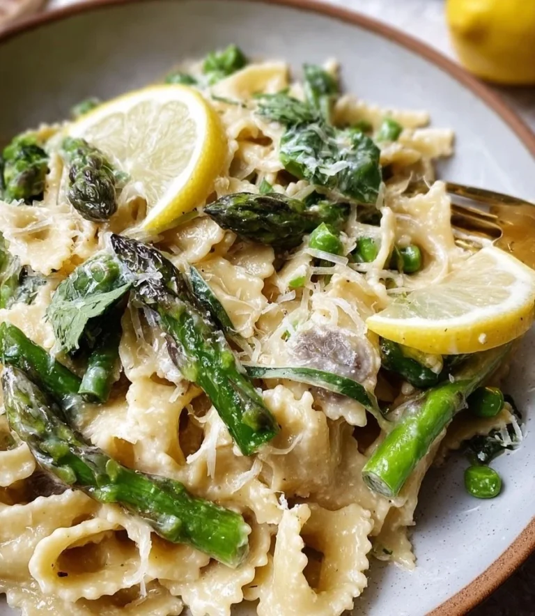 Creamy lemon asparagus pasta with fresh ingredients in a bowl