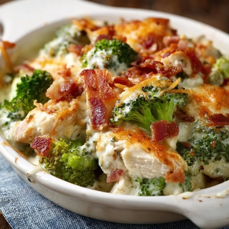 Creamy low carb chicken casserole with broccoli and bacon served in a dish
