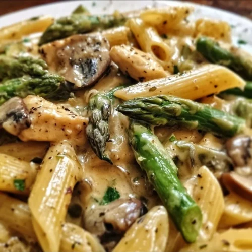Creamy mushroom and asparagus chicken penne pasta dish served in a bowl.