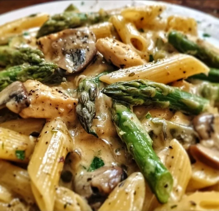 Creamy mushroom and asparagus chicken penne pasta dish served in a bowl.