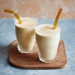 Creamy peanut butter banana smoothie in a glass with fresh banana slices