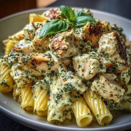 Creamy pesto chicken pasta dish garnished with fresh basil