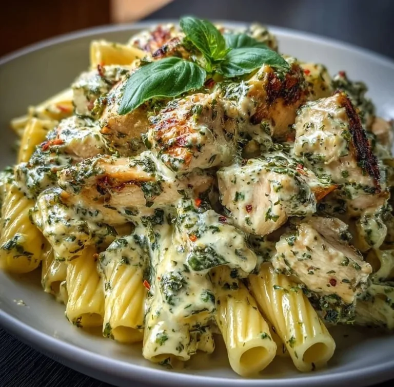 Creamy pesto chicken pasta dish garnished with fresh basil