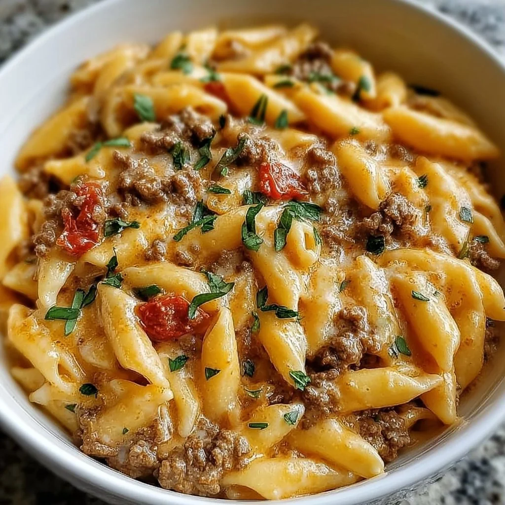 Creamy Rotel pasta with ground beef served in a cozy dish for dinner