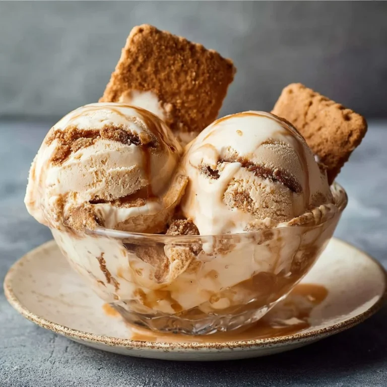 Creamy speculoos ice cream in a bowl topped with cookie crumbles