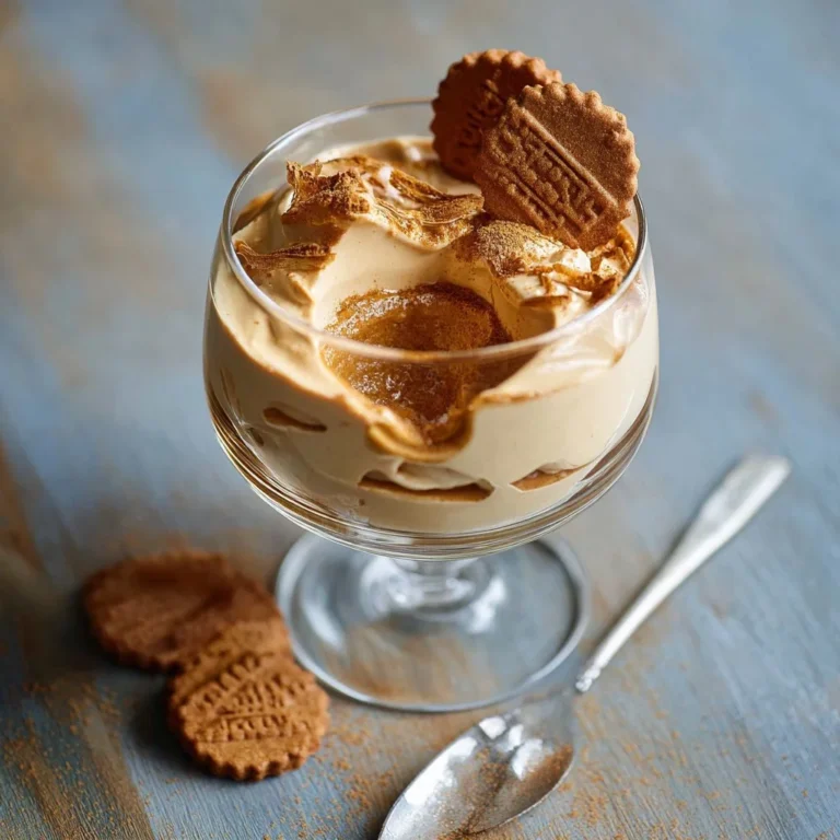 Delicious creamy speculoos mousse served in a glass with a sprinkle of cookie crumbs