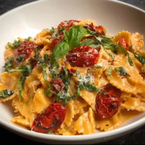 Creamy Tuscan pasta with slow roasted tomatoes in a delicious dish