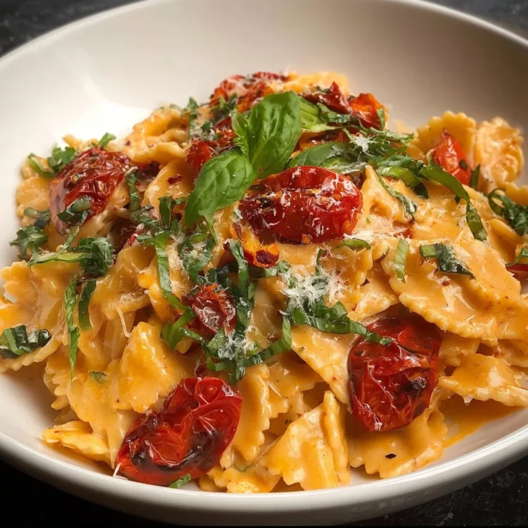 Creamy Tuscan pasta with slow roasted tomatoes in a delicious dish