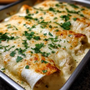 Creamy white chicken enchiladas topped with sauce and cheese ready to serve.