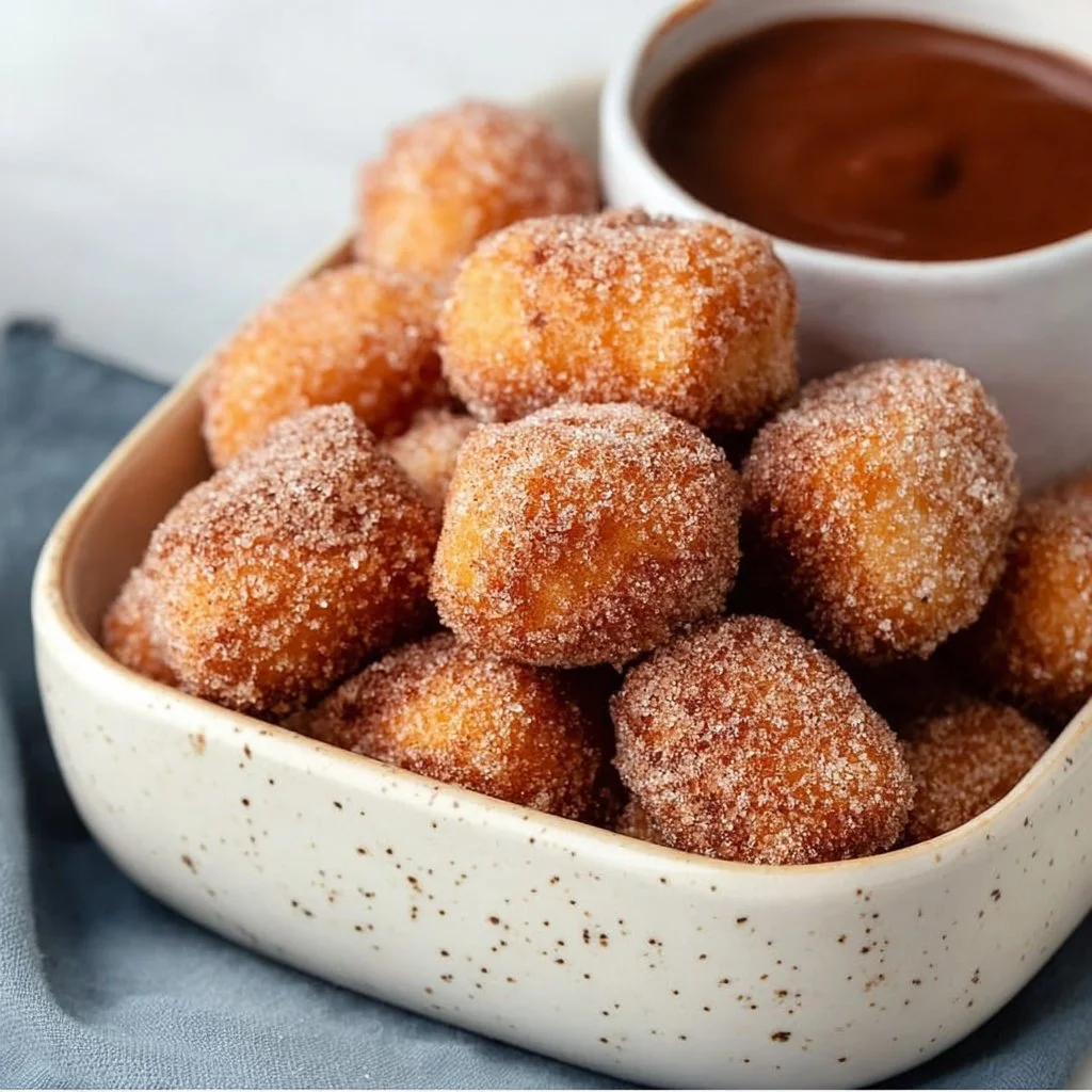 Crispy air fryer churro bites served on a plate with chocolate sauce.