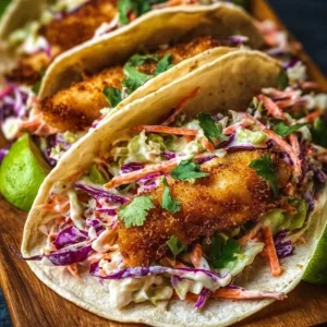 Crispy fish tacos topped with cilantro lime slaw on a plate